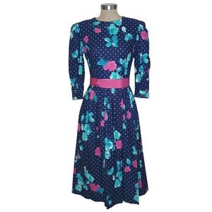 Vintage Lanz Originals 80s Dress Sz 8 Blue Floral Cottagecore Belted Pockets